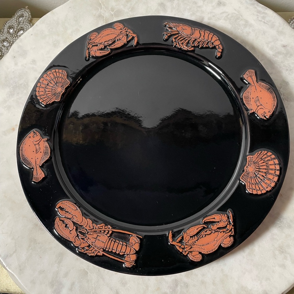 Vintage Frankoma Pottery USA - Black and Terracotta Seafare Dinner Plate